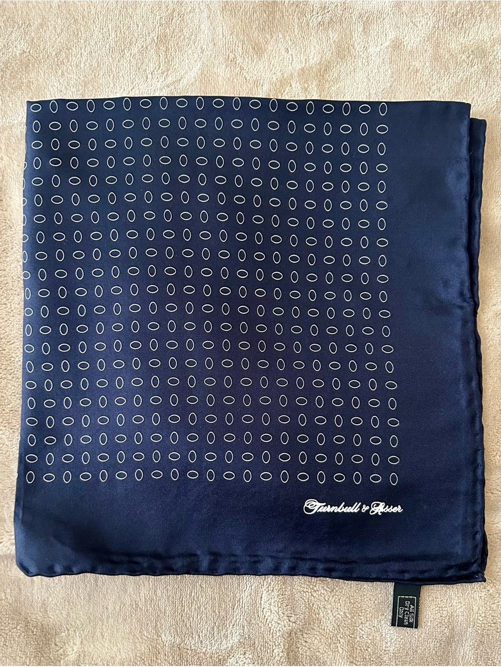 NEW Turnbull & Asser Navy Silk Pocket Square with White Dot Grid